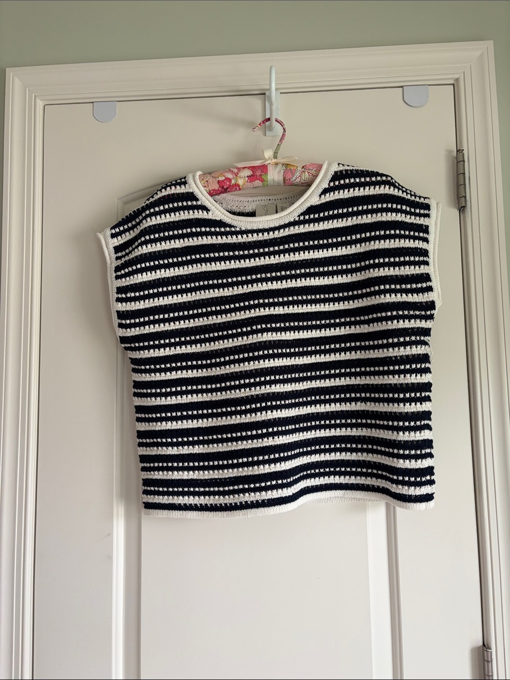 Joie Navy & White Striped Crochet Knit Cap Sleeve Top